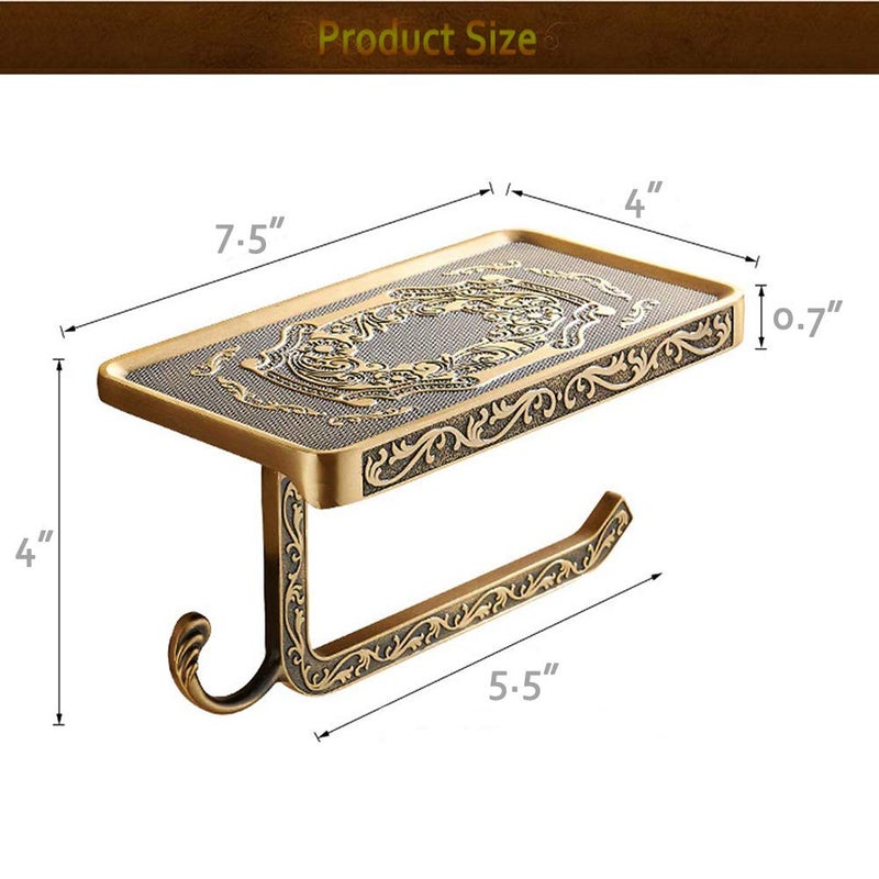 Fredysu Bronze Toilet Paper Holder, Antique Brass Toilet Paper Towel Holder, Premium Wall Mounted Bathroom Paper Holde with Shelf and Hook - Image 5